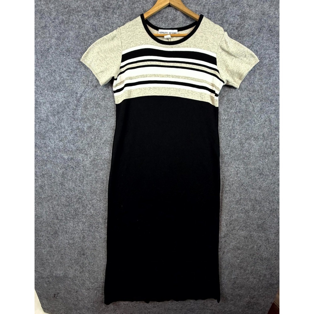 Vintage Adolfo Studio Sweater Dress Womens Medium Black Beige Office Chic 90s